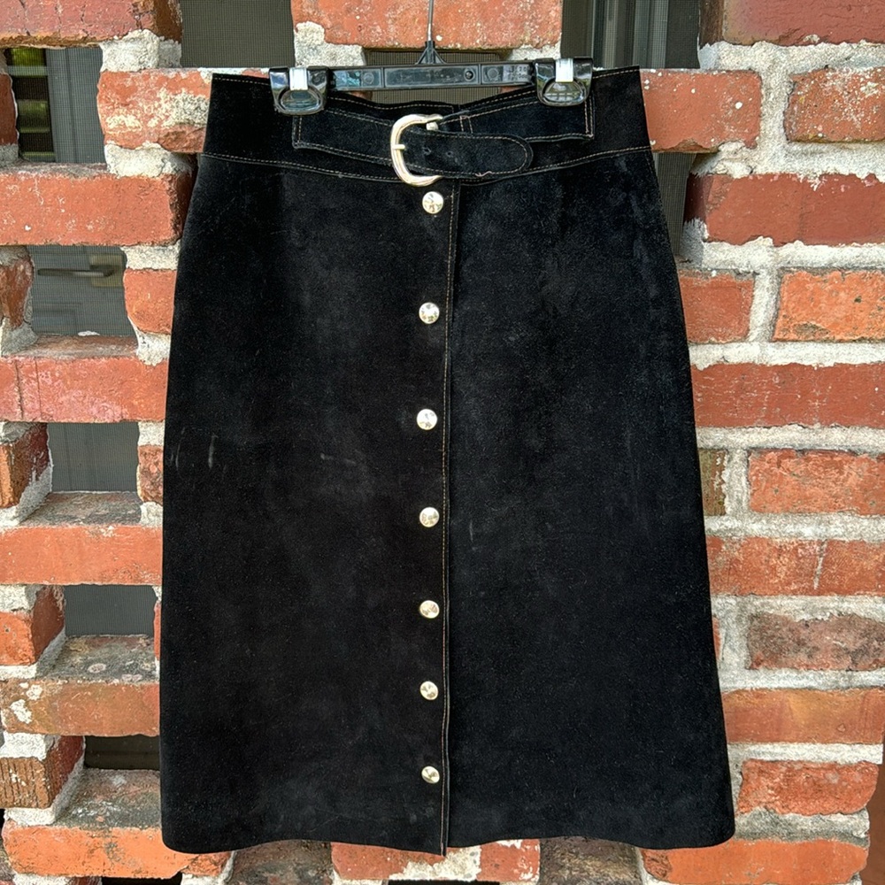 Vintage Soft Suede Dark Black Snaps Belted High Waisted Funky Chic Midi Skirt
